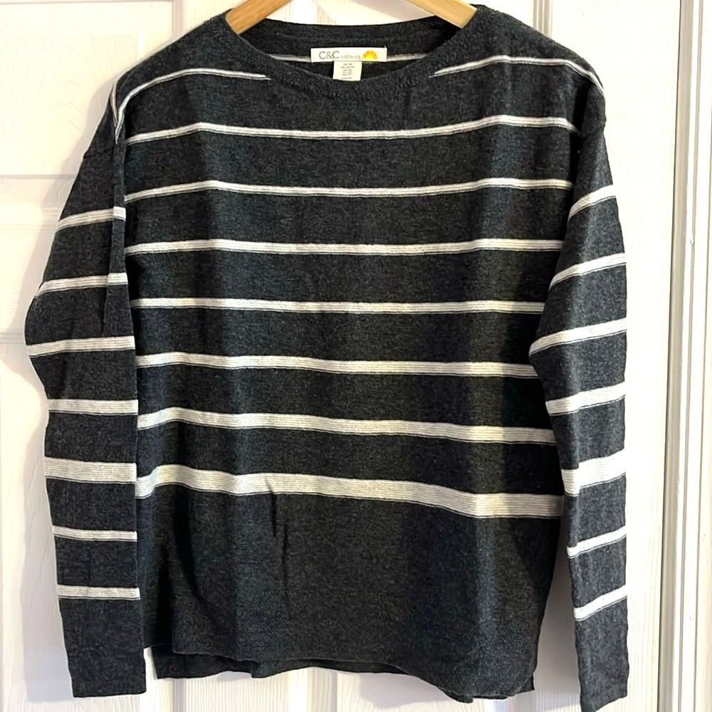 C&C California Merino Wool Pullover Sweater Gray Striped Sz XS Preppy Boho Work